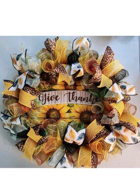 Handmade Seasonal Deco Mesh/Ribbon Wreath Give Thanks Yellow Autumn Sunflowers